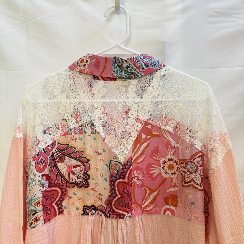 POL Patchwork Floral Trim Long Sleeve Women's Gauze Button Up‎ Shirt Size M - Picture 8 of 16